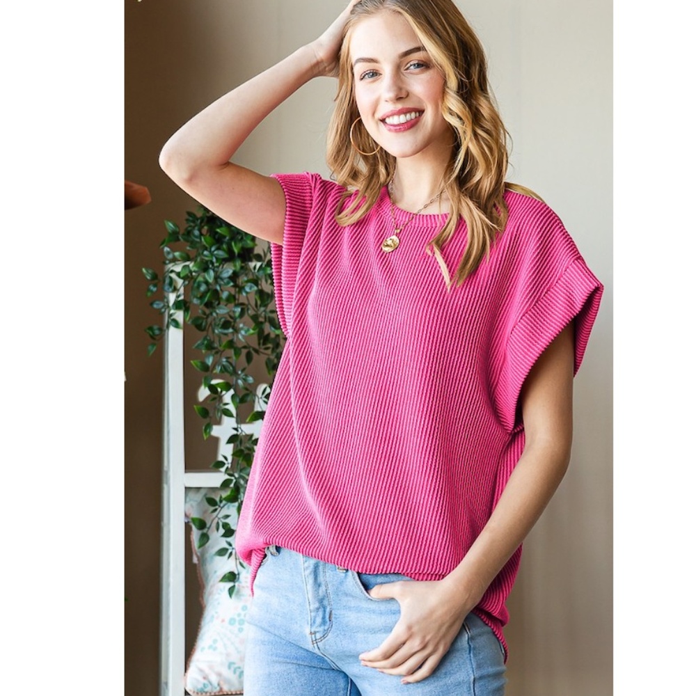Hot Pink Corded Ribbed Cap Sleeve Top